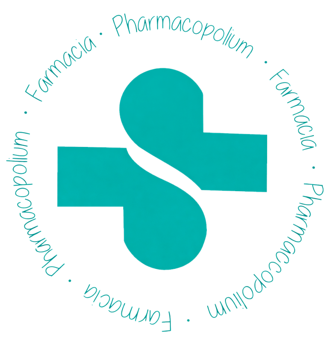 Cruz de farmacia de Newplastic con el texto Farmacia · Pharmacopolium alrededor
